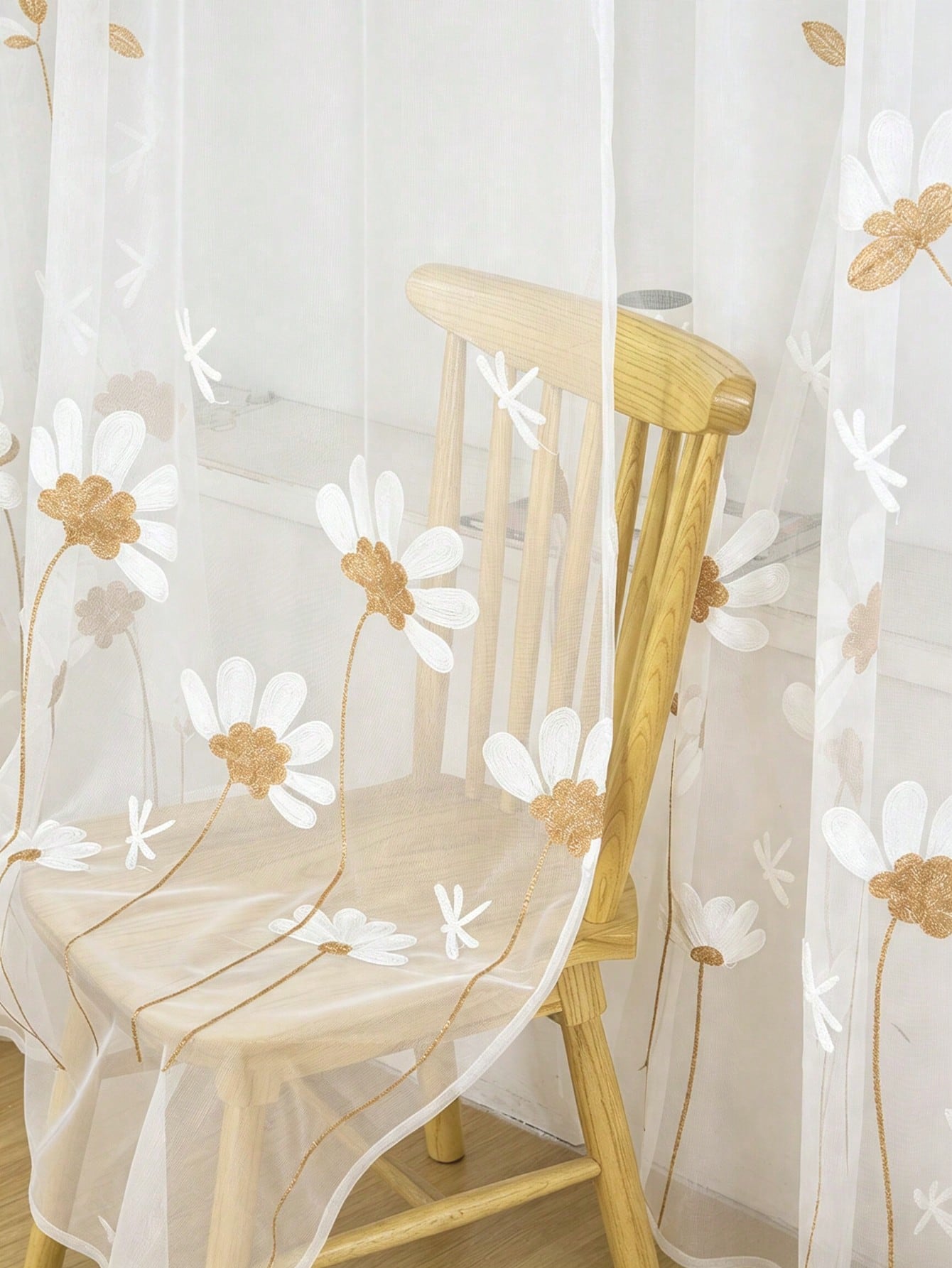 2pcs White Semi-Transparent Embroidered Floral Pattern Curtains, Lightweight And Durable, Suitable For Baby Shower Decoration, Gender Reveal Decoration, Children's Room Decoration