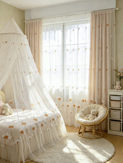 2pcs White Semi-Transparent Embroidered Floral Pattern Curtains, Lightweight And Durable, Suitable For Baby Shower Decoration, Gender Reveal Decoration, Children's Room Decoration