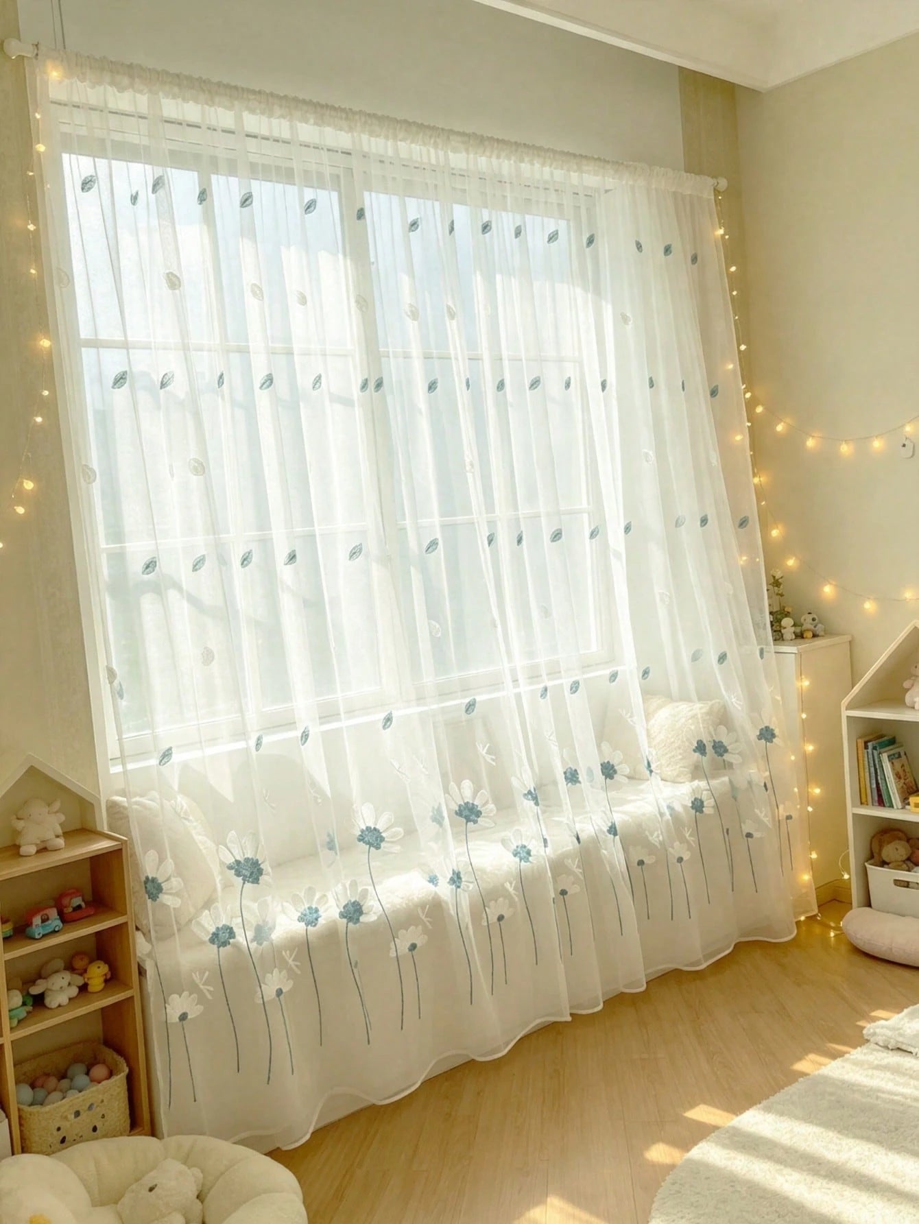 2pcs White Semi-Transparent Embroidered Floral Pattern Curtains, Lightweight And Durable, Suitable For Baby Shower Decoration, Gender Reveal Decoration, Children's Room Decoration