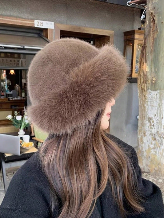 2pcs Women's Faux Mink Fur Bucket Hat, Autumn/Winter Warm Earflap Mongolian Hat, Large Head Circumference, Versatile Premium Plush