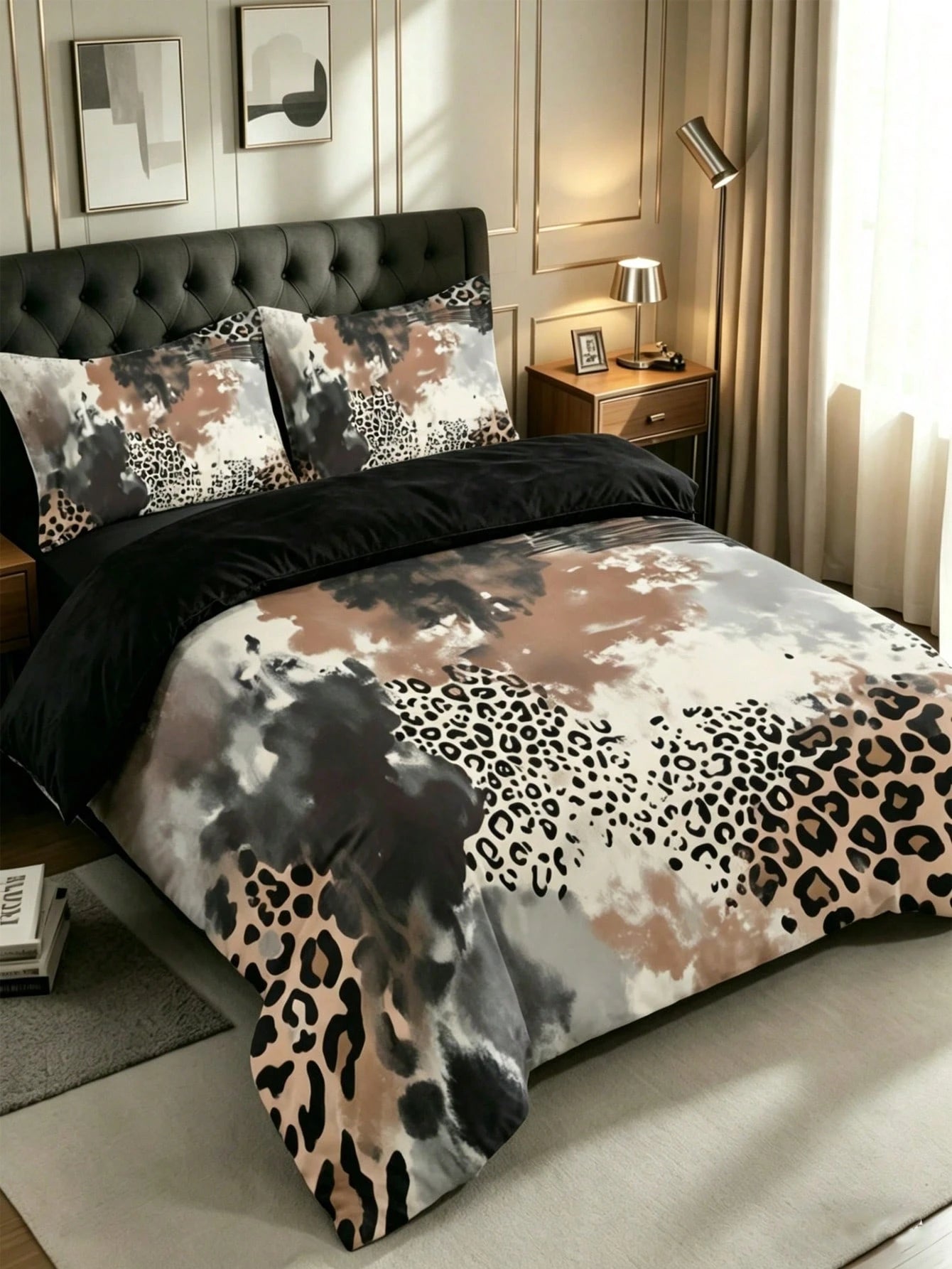 3-Piece Luxury Black Leopard Print Gothic Style Duvet Cover Set, Random Pillowcase Pattern, Duvet Cover Set (1 Duvet Cover + 2 Pillowcases, Pillow Inserts Not Included), Soft Warm Comfortable Bedding
