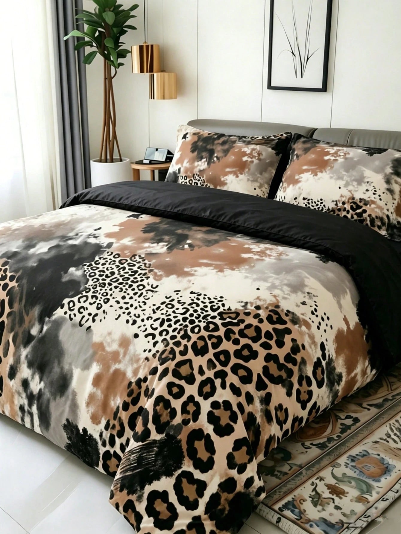 3-Piece Luxury Black Leopard Print Gothic Style Duvet Cover Set, Random Pillowcase Pattern, Duvet Cover Set (1 Duvet Cover + 2 Pillowcases, Pillow Inserts Not Included), Soft Warm Comfortable Bedding