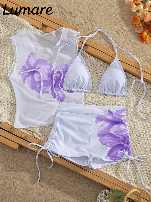 3-Piece Sexy Casual Halter Top, Featuring Hibiscus Floral Pattern Mesh Semi-Sheer Cover-Up, Side Tie Bikini Bottoms, Medium Elastic Fabric, Holiday Outfit Bikini Set, Suitable For Vacation Beach And P