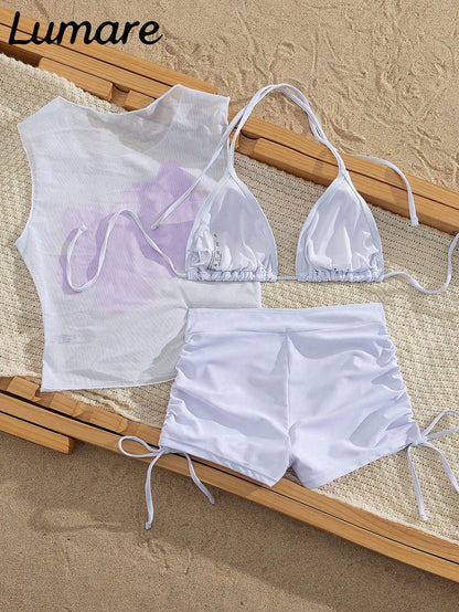 3-Piece Sexy Casual Halter Top, Featuring Hibiscus Floral Pattern Mesh Semi-Sheer Cover-Up, Side Tie Bikini Bottoms, Medium Elastic Fabric, Holiday Outfit Bikini Set, Suitable For Vacation Beach And P