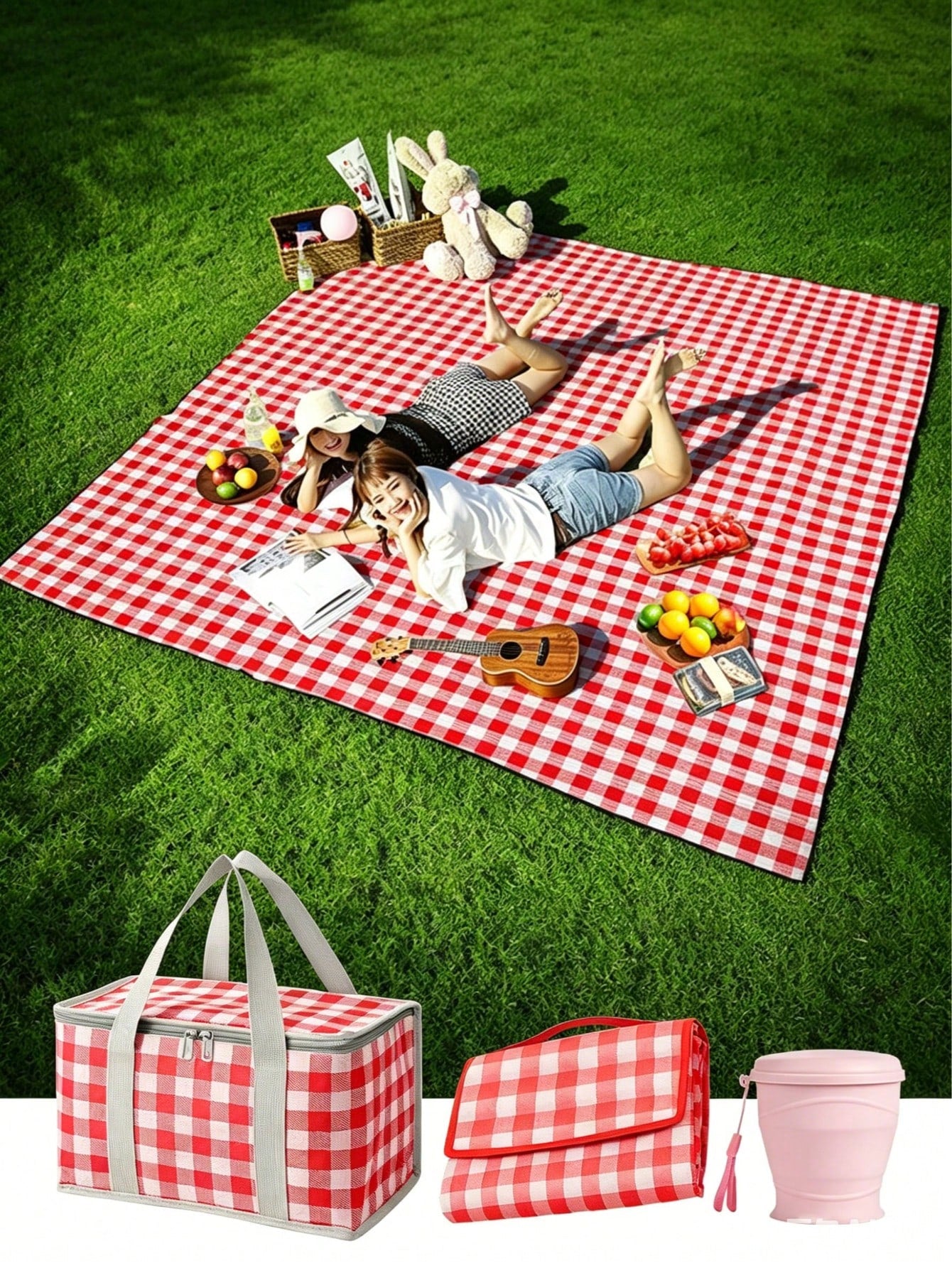 3 Pieces Of Picnic And Camping Tools, Including A 59-Inch X 78-Inch Picnic Mat + 1 Large Insulated Camping Bag + 1 180ml Folding Water Cup.