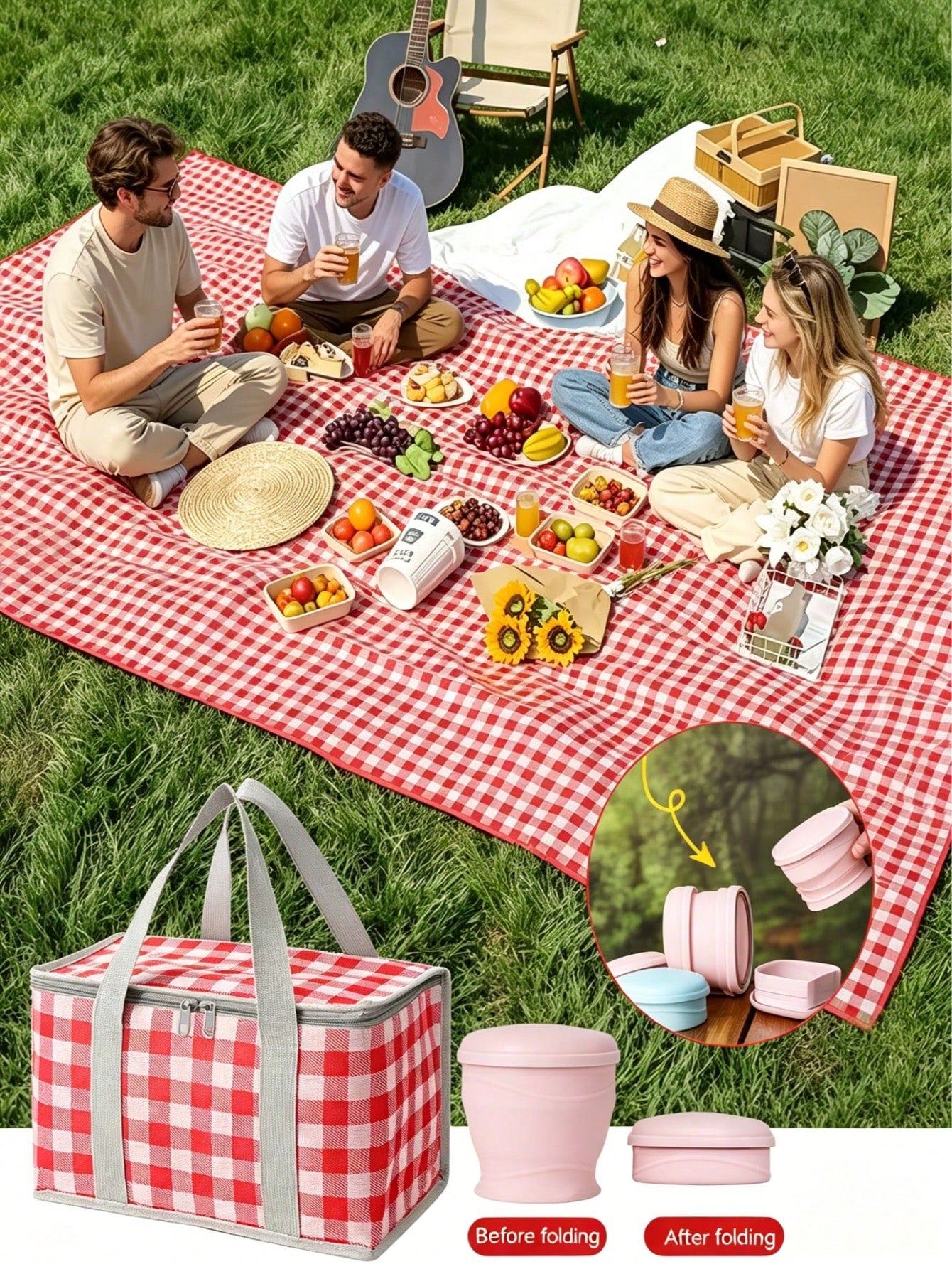 3 Pieces Of Picnic And Camping Tools, Including A 59-Inch X 78-Inch Picnic Mat + 1 Large Insulated Camping Bag + 1 180ml Folding Water Cup.