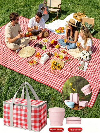 3 Pieces Of Picnic And Camping Tools, Including A 59-Inch X 78-Inch Picnic Mat + 1 Large Insulated Camping Bag + 1 180ml Folding Water Cup.