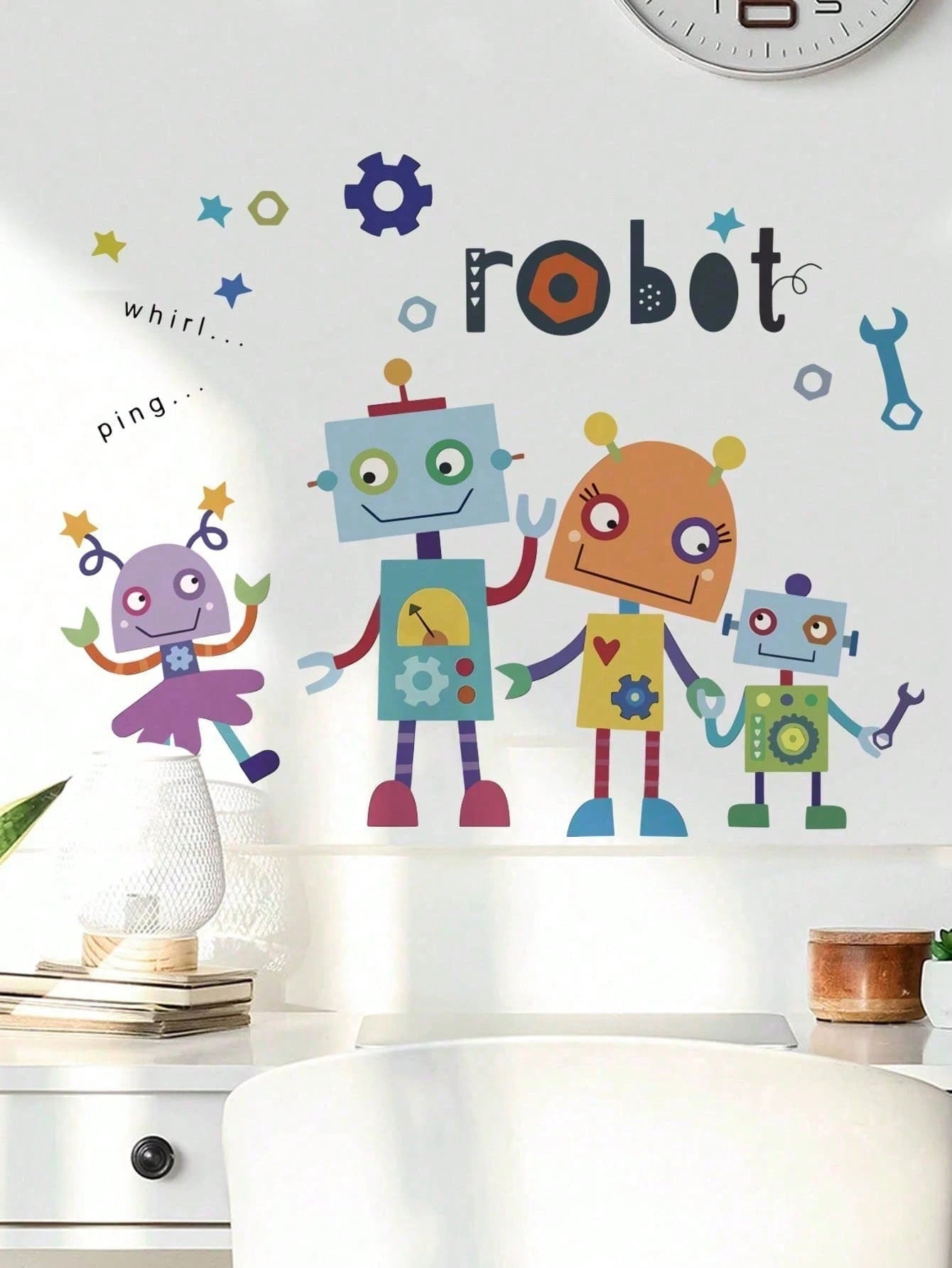 3 Styles Dinosaur Robot Nursery Wall Decals, Pink Dino/Robot Stickers, Home Decor, Toddler Bedroom Supplies, Cute Unisex Boy Girl Baby Room Wall Art