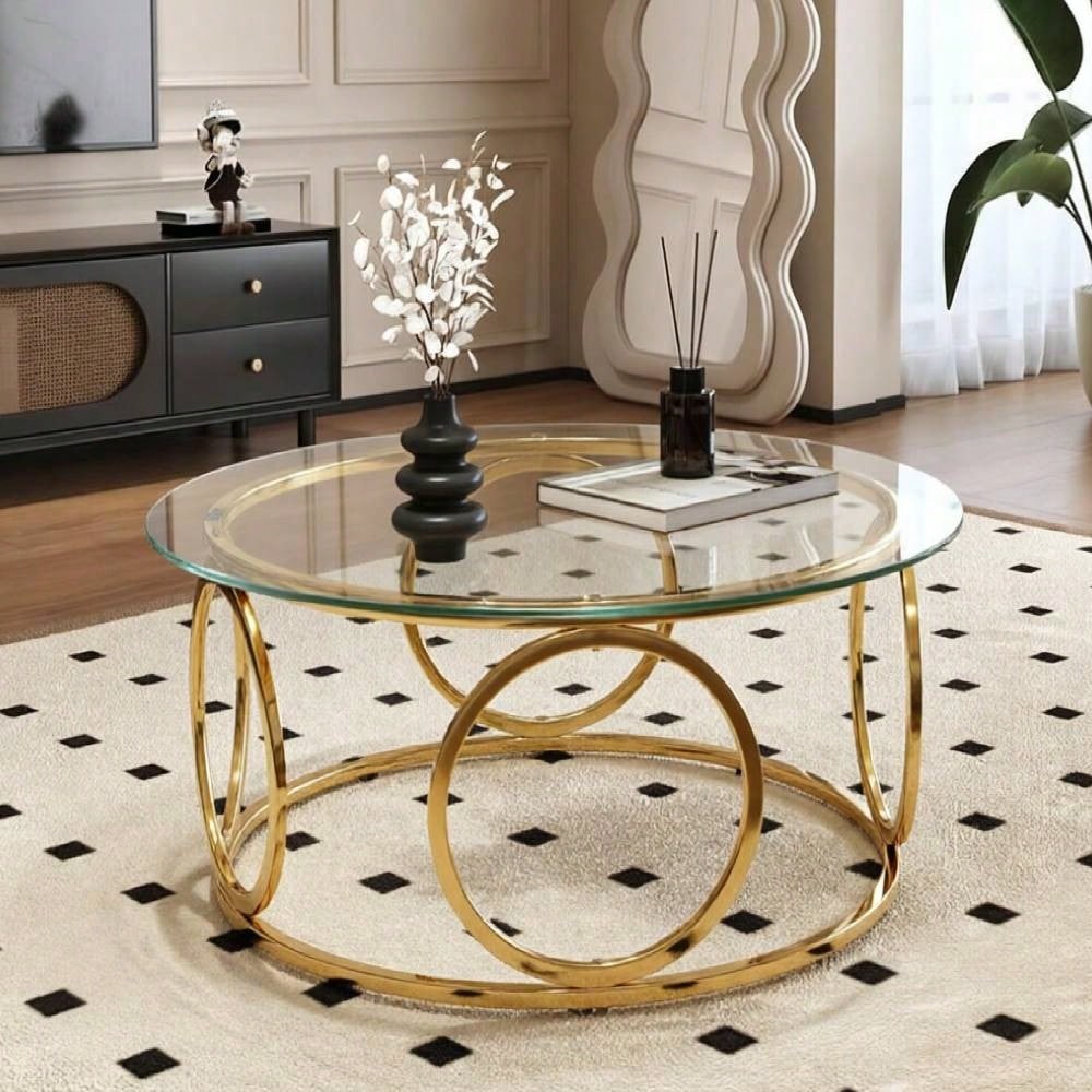 31.5"Modern Round Glass Top Coffee Table With Circular Metal Frame, Contemporary Accent Center Table For Living Room, Office, And Lounge