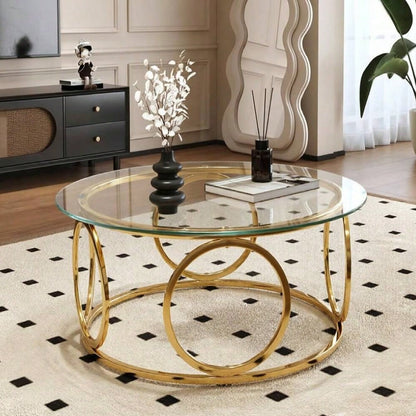 31.5"Modern Round Glass Top Coffee Table With Circular Metal Frame, Contemporary Accent Center Table For Living Room, Office, And Lounge