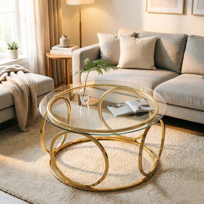 31.5"Modern Round Glass Top Coffee Table With Circular Metal Frame, Contemporary Accent Center Table For Living Room, Office, And Lounge