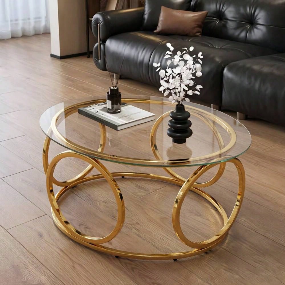 31.5"Modern Round Glass Top Coffee Table With Circular Metal Frame, Contemporary Accent Center Table For Living Room, Office, And Lounge