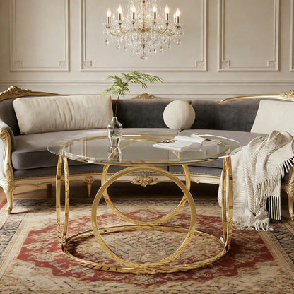 31.5"Modern Round Glass Top Coffee Table With Circular Metal Frame, Contemporary Accent Center Table For Living Room, Office, And Lounge