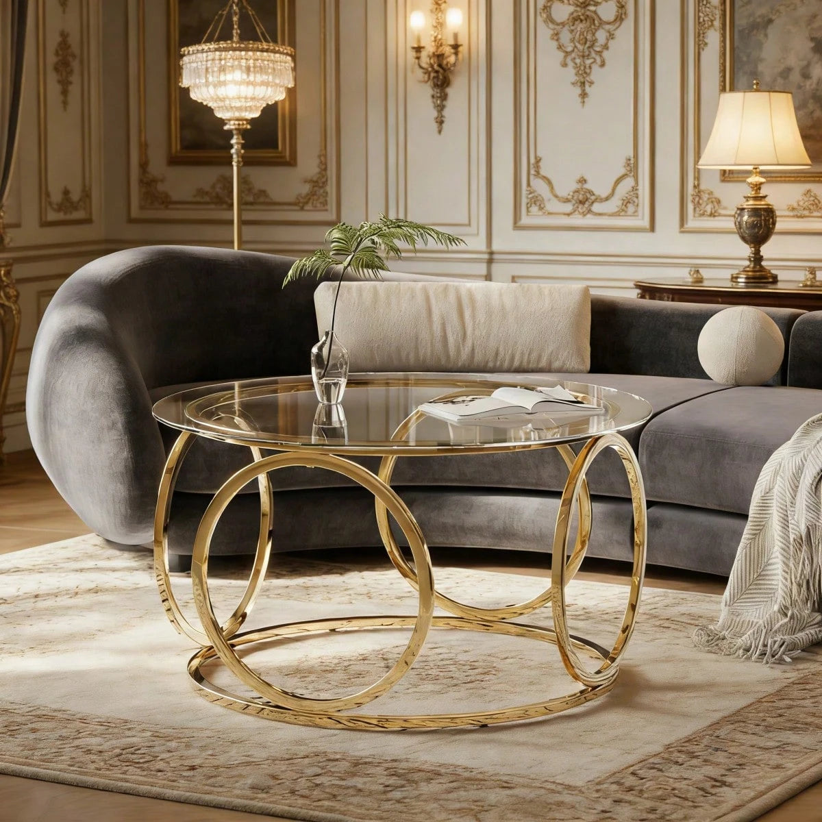 31.5"Modern Round Glass Top Coffee Table With Circular Metal Frame, Contemporary Accent Center Table For Living Room, Office, And Lounge