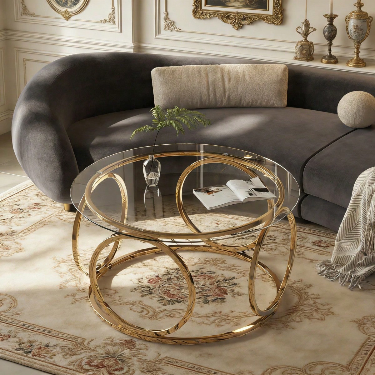 31.5"Modern Round Glass Top Coffee Table With Circular Metal Frame, Contemporary Accent Center Table For Living Room, Office, And Lounge