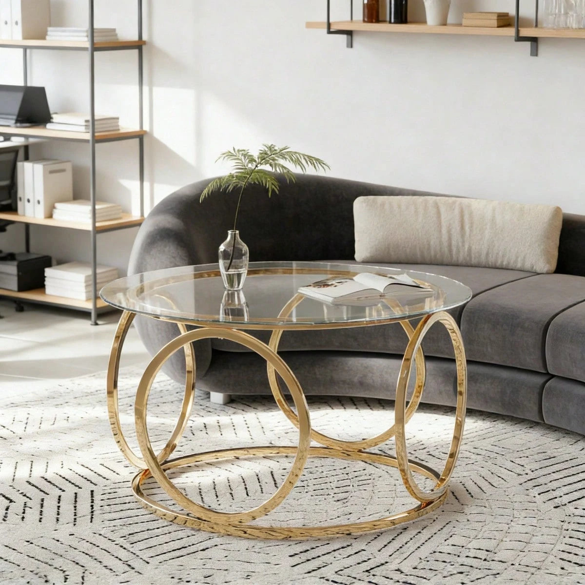 31.5"Modern Round Glass Top Coffee Table With Circular Metal Frame, Contemporary Accent Center Table For Living Room, Office, And Lounge