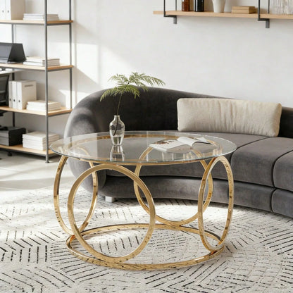 31.5"Modern Round Glass Top Coffee Table With Circular Metal Frame, Contemporary Accent Center Table For Living Room, Office, And Lounge