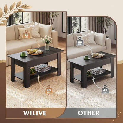 39 Inch Lift Top Coffee Table With Hidden Storage Compartment & Open Shelf, Rustic Wood Coffee Table With Storage For Living Room, Apartment & Home Office