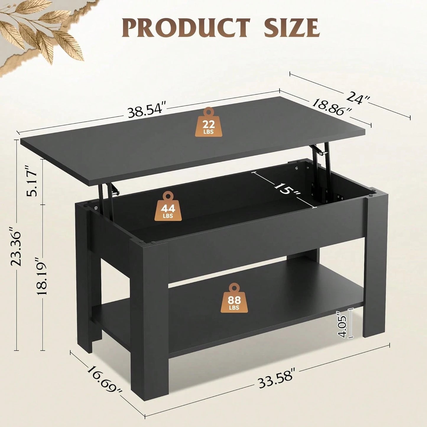 39 Inch Lift Top Coffee Table With Hidden Storage Compartment & Open Shelf, Rustic Wood Coffee Table With Storage For Living Room, Apartment & Home Office