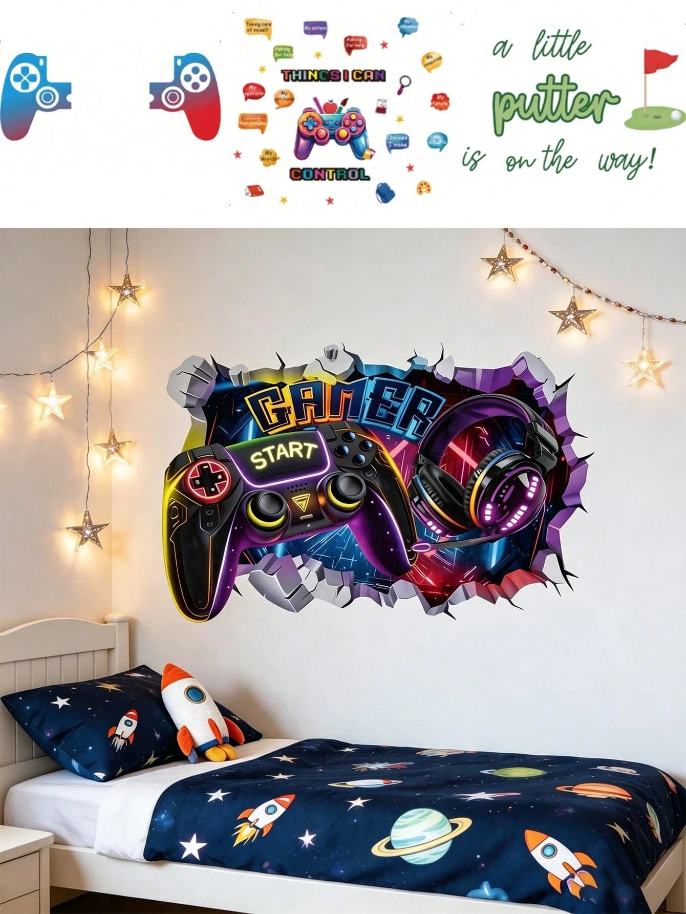 3D Broken Wall Game Controller Wall Stickers, Home Wall Art Decor, Boy Nursery Bedroom Accessories, Cool Toddler Kids Room Decor For Boys Gaming Room