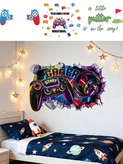 3D Broken Wall Game Controller Wall Stickers, Home Wall Art Decor, Boy Nursery Bedroom Accessories, Cool Toddler Kids Room Decor For Boys Gaming Room