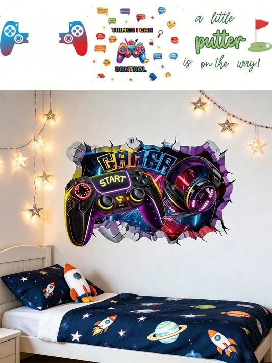 3D Broken Wall Game Controller Wall Stickers, Home Wall Art Decor, Boy Nursery Bedroom Accessories, Cool Toddler Kids Room Decor For Boys Gaming Room