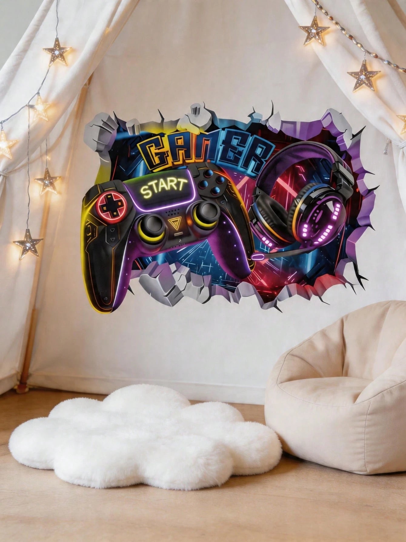 3D Broken Wall Game Controller Wall Stickers, Home Wall Art Decor, Boy Nursery Bedroom Accessories, Cool Toddler Kids Room Decor For Boys Gaming Room