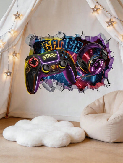 3D Broken Wall Game Controller Wall Stickers, Home Wall Art Decor, Boy Nursery Bedroom Accessories, Cool Toddler Kids Room Decor For Boys Gaming Room