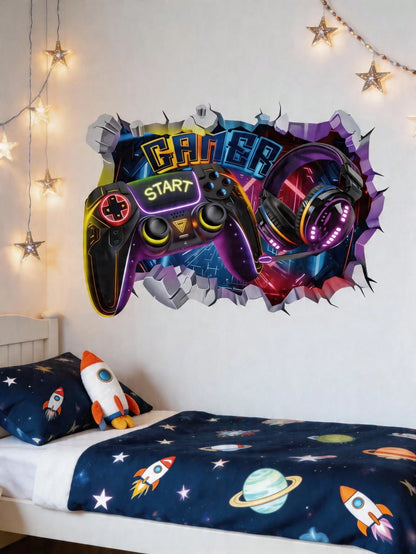 3D Broken Wall Game Controller Wall Stickers, Home Wall Art Decor, Boy Nursery Bedroom Accessories, Cool Toddler Kids Room Decor For Boys Gaming Room