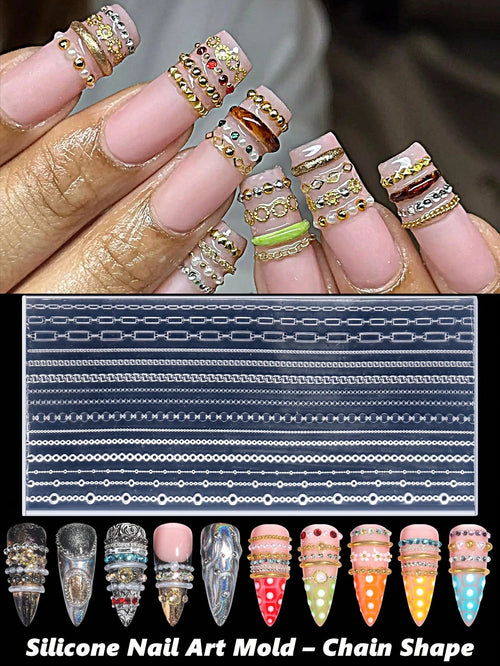 3D Retro Chain Nail Art Mold, Mini Pearl Chain Rhinestone Nail Art Decoration Design, DIY Handmade Nail Art, Reusable Silicone Soft Film, Nail Salon Accessories And Tools (2/1pc )