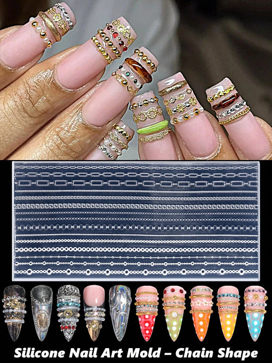 3D Retro Chain Nail Art Mold, Mini Pearl Chain Rhinestone Nail Art Decoration Design, DIY Handmade Nail Art, Reusable Silicone Soft Film, Nail Salon Accessories And Tools (2/1pc )