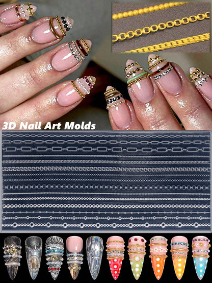 3D Retro Chain Nail Art Mold, Mini Pearl Chain Rhinestone Nail Art Decoration Design, DIY Handmade Nail Art, Reusable Silicone Soft Film, Nail Salon Accessories And Tools (2/1pc )