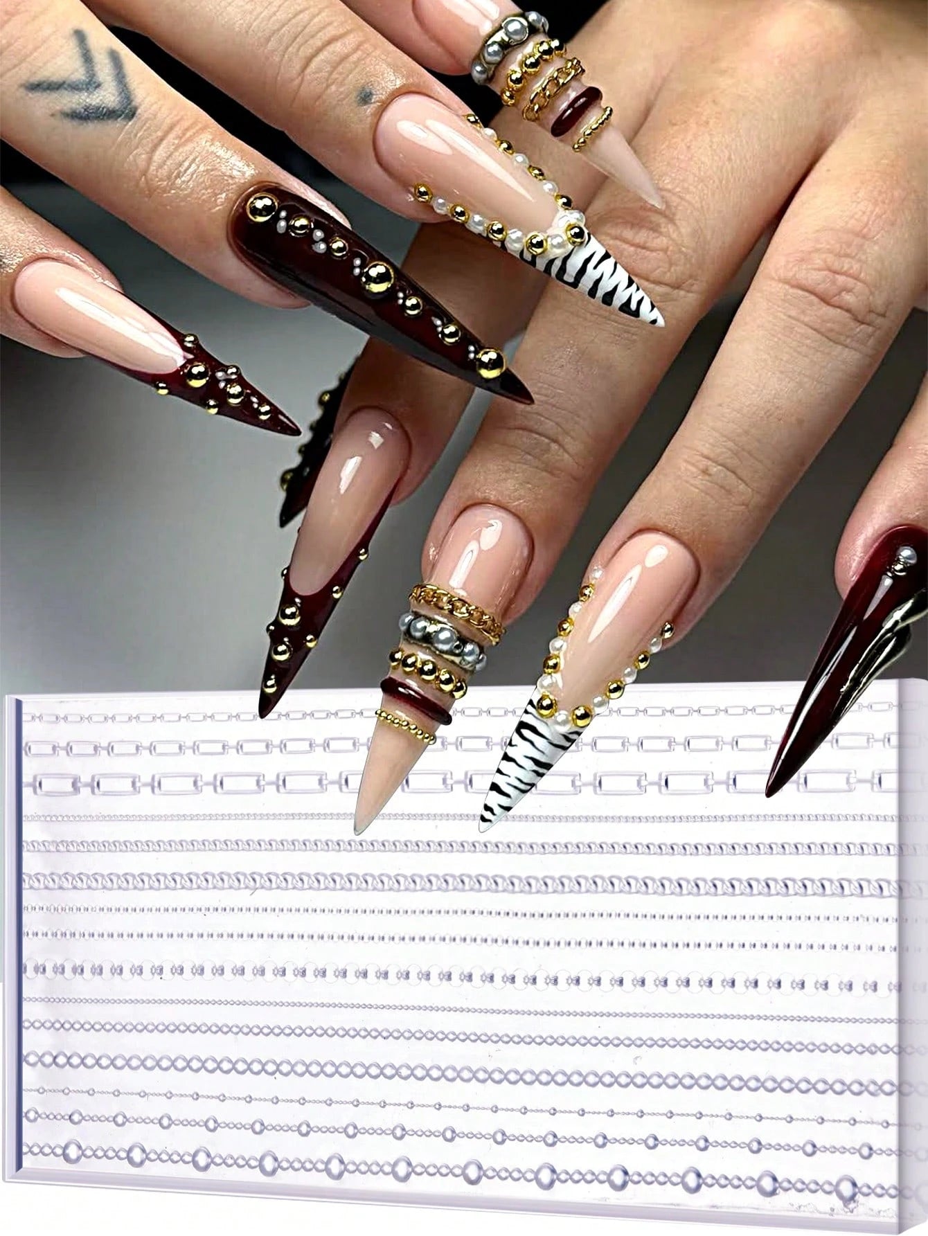 3D Retro Chain Nail Art Mold, Mini Pearl Chain Rhinestone Nail Art Decoration Design, DIY Handmade Nail Art, Reusable Silicone Soft Film, Nail Salon Accessories And Tools (2/1pc )