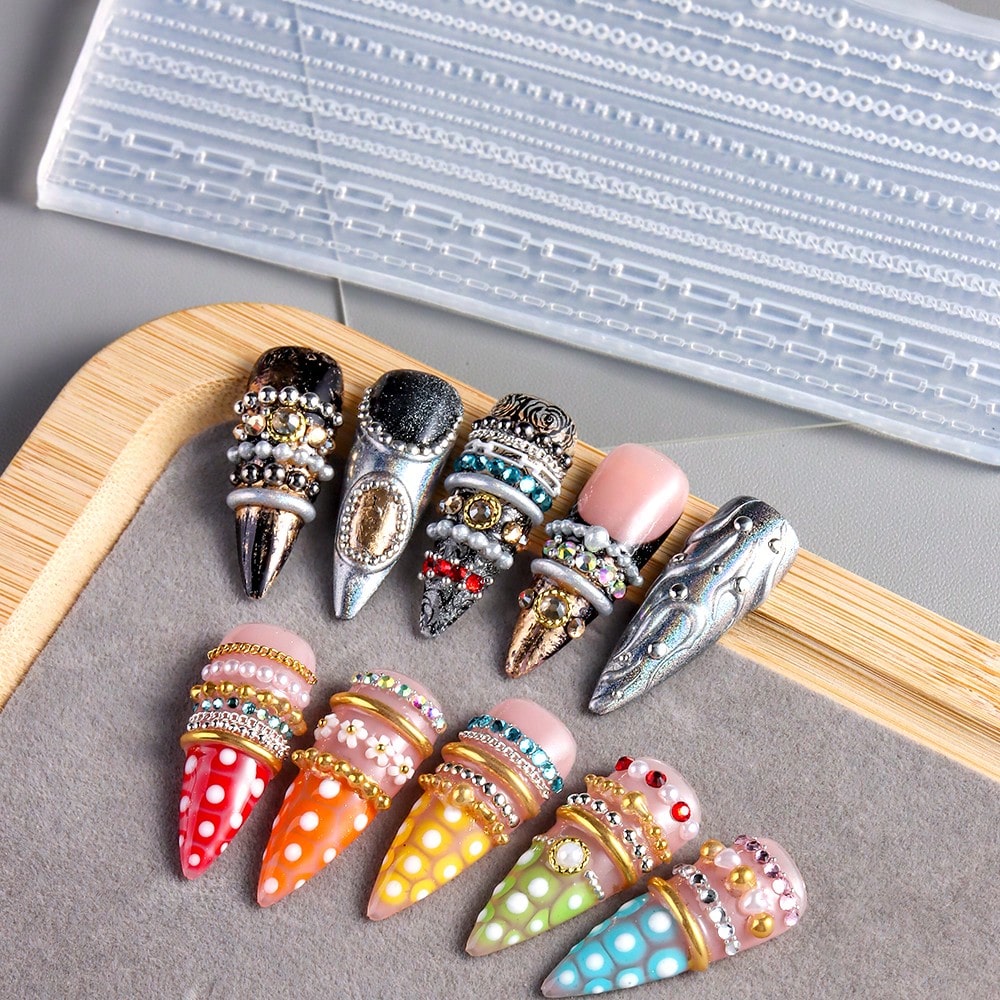 3D Retro Chain Nail Art Mold, Mini Pearl Chain Rhinestone Nail Art Decoration Design, DIY Handmade Nail Art, Reusable Silicone Soft Film, Nail Salon Accessories And Tools (2/1pc )