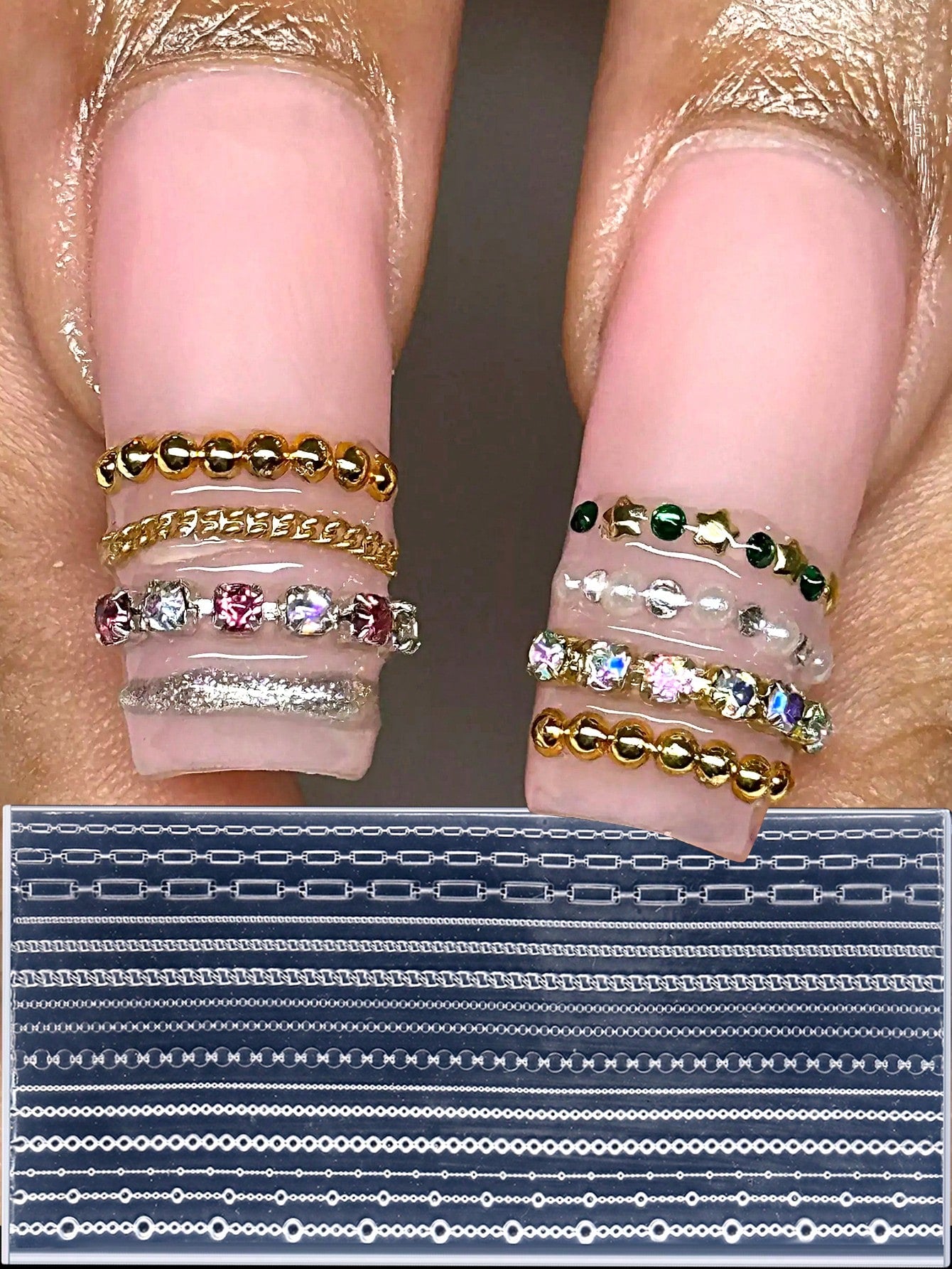 3D Retro Chain Nail Art Mold, Mini Pearl Chain Rhinestone Nail Art Decoration Design, DIY Handmade Nail Art, Reusable Silicone Soft Film, Nail Salon Accessories And Tools (2/1pc )