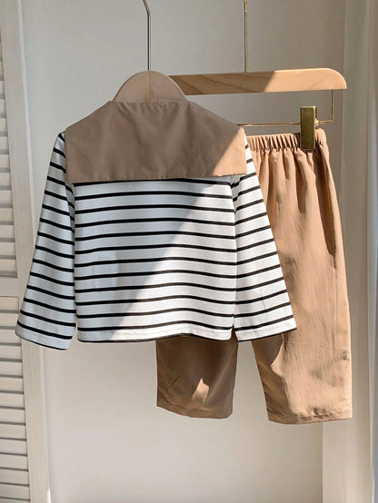 3pcs Baby Boy Autumn/Winter Casual Cute Knitted Striped Top, Casual Pants, Khaki Long Pants, Shawl Set, Baby Boy Outfit Set, Shawl Set, T-Shirt Set