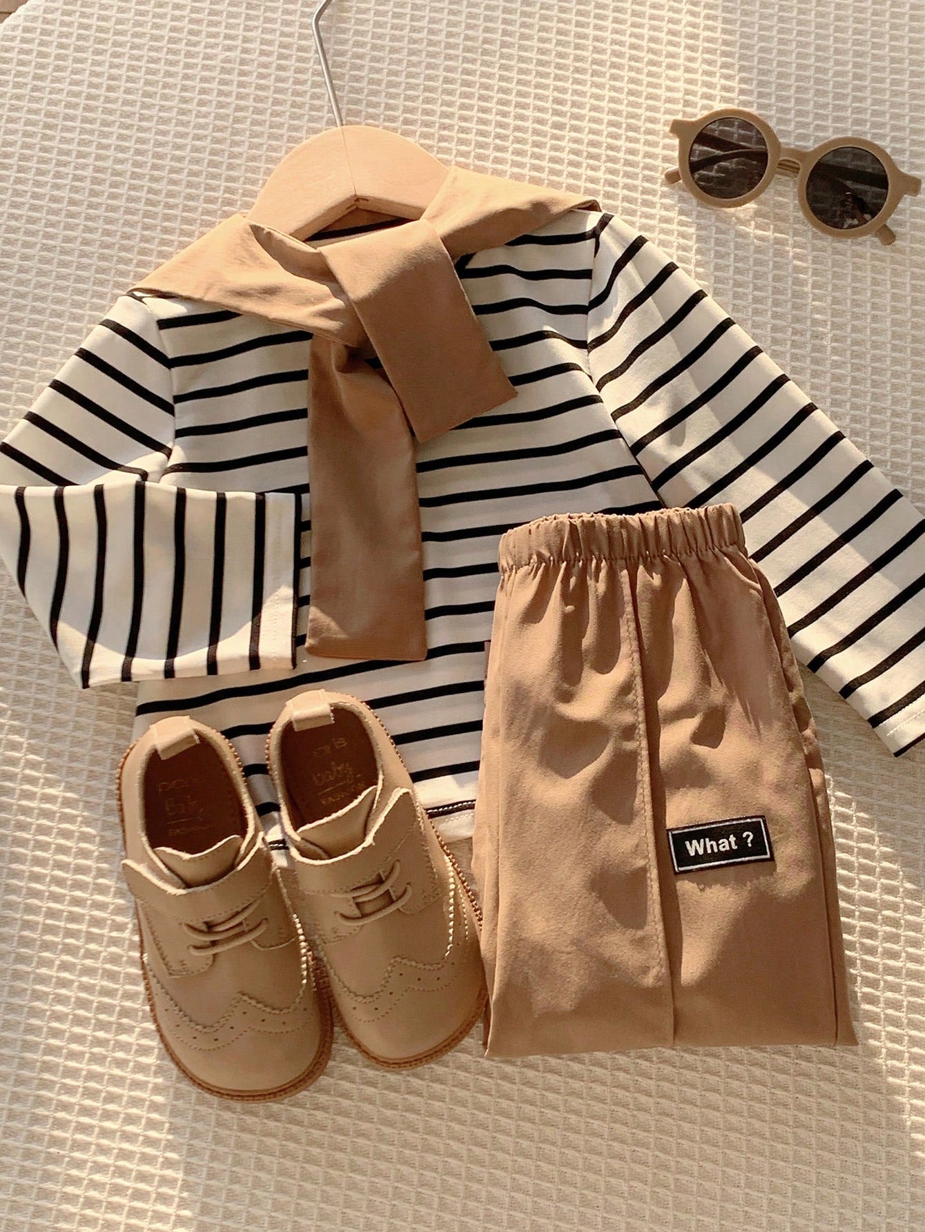 3pcs Baby Boy Autumn/Winter Casual Cute Knitted Striped Top, Casual Pants, Khaki Long Pants, Shawl Set, Baby Boy Outfit Set, Shawl Set, T-Shirt Set