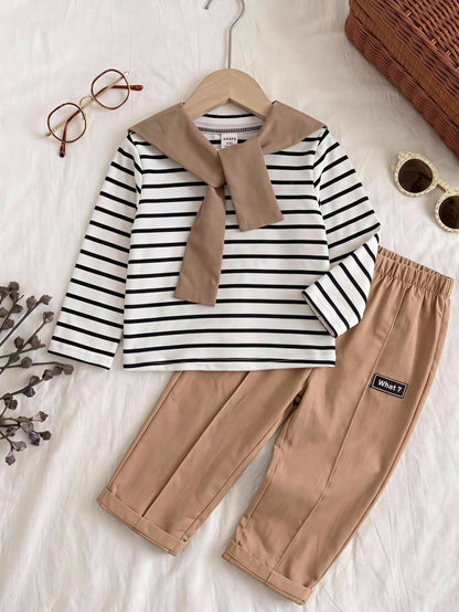 3pcs Baby Boy Autumn/Winter Casual Cute Knitted Striped Top, Casual Pants, Khaki Long Pants, Shawl Set, Baby Boy Outfit Set, Shawl Set, T-Shirt Set