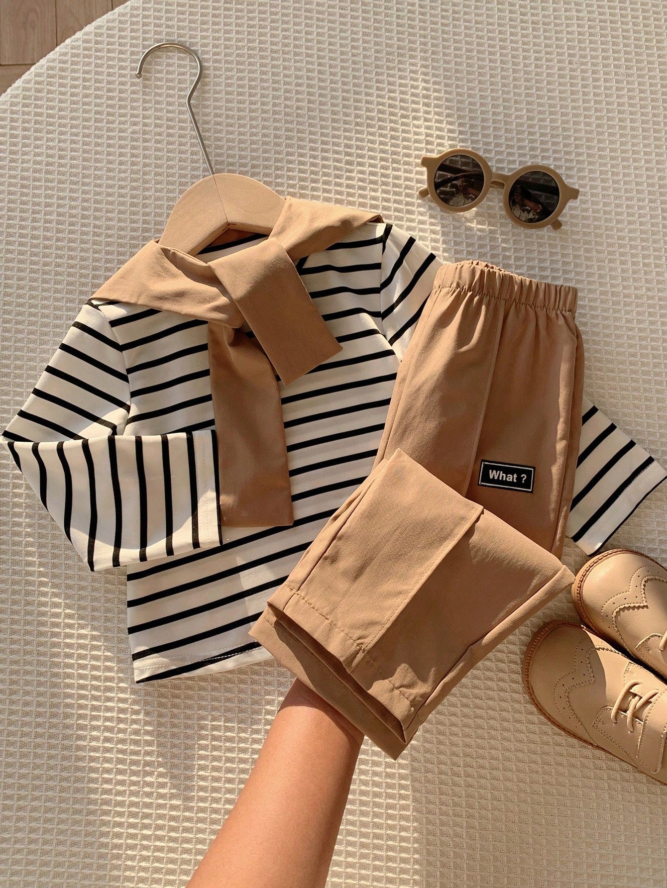 3pcs Baby Boy Autumn/Winter Casual Cute Knitted Striped Top, Casual Pants, Khaki Long Pants, Shawl Set, Baby Boy Outfit Set, Shawl Set, T-Shirt Set