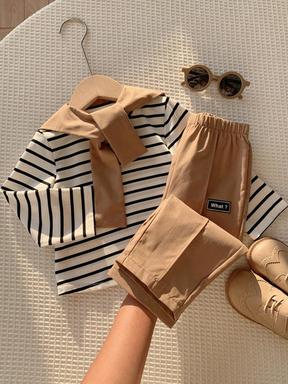 3pcs Baby Boy Autumn/Winter Casual Cute Knitted Striped Top, Casual Pants, Khaki Long Pants, Shawl Set, Baby Boy Outfit Set, Shawl Set, T-Shirt Set