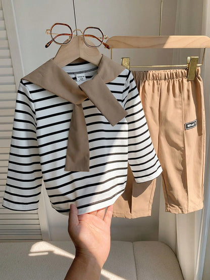 3pcs Baby Boy Autumn/Winter Casual Cute Knitted Striped Top, Casual Pants, Khaki Long Pants, Shawl Set, Baby Boy Outfit Set, Shawl Set, T-Shirt Set