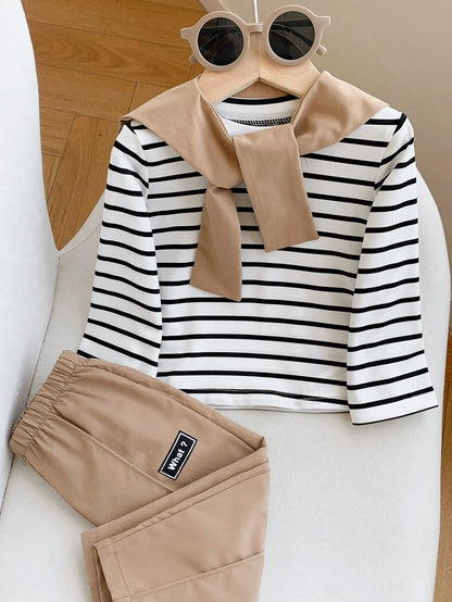3pcs Baby Boy Autumn/Winter Casual Cute Knitted Striped Top, Casual Pants, Khaki Long Pants, Shawl Set, Baby Boy Outfit Set, Shawl Set, T-Shirt Set