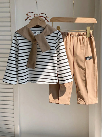 3pcs Baby Boy Autumn/Winter Casual Cute Knitted Striped Top, Casual Pants, Khaki Long Pants, Shawl Set, Baby Boy Outfit Set, Shawl Set, T-Shirt Set