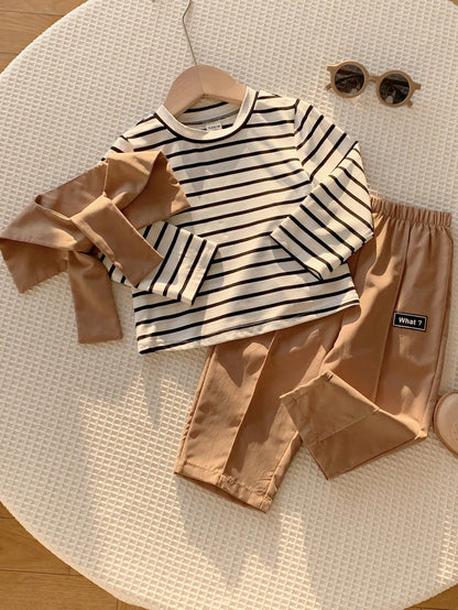 3pcs Baby Boy Autumn/Winter Casual Cute Knitted Striped Top, Casual Pants, Khaki Long Pants, Shawl Set, Baby Boy Outfit Set, Shawl Set, T-Shirt Set