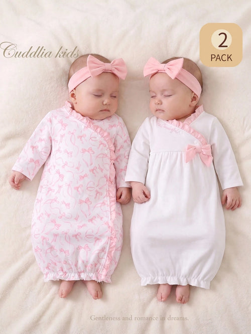 3pcs CuteRuffled Set Newborn Baby Minimalist Elegant Bow Print Long Sleeve Long Nightgown With Headband, Sleepwear Newborn Girl Nightgown Fall Winter