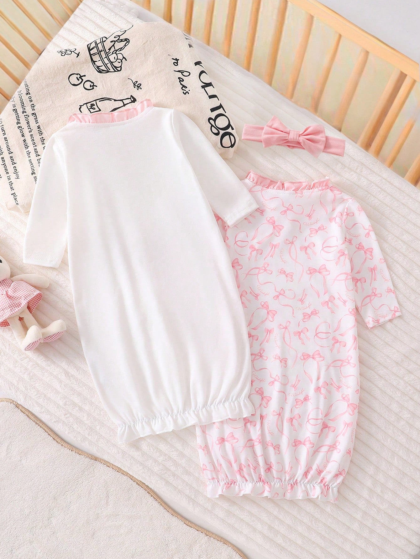 3pcs CuteRuffled Set Newborn Baby Minimalist Elegant Bow Print Long Sleeve Long Nightgown With Headband, Sleepwear Newborn Girl Nightgown Fall Winter
