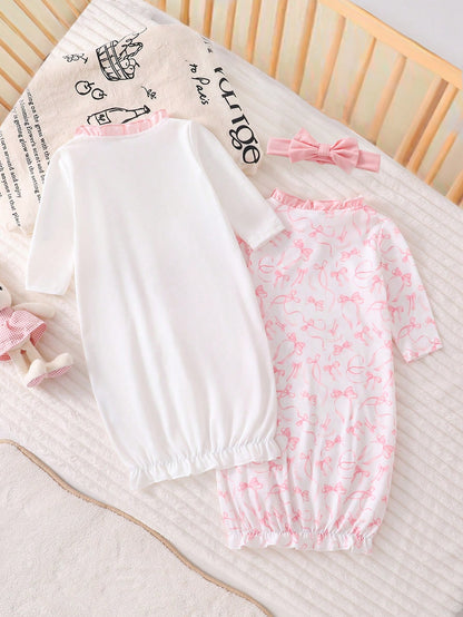 3pcs CuteRuffled Set Newborn Baby Minimalist Elegant Bow Print Long Sleeve Long Nightgown With Headband, Sleepwear Newborn Girl Nightgown Fall Winter