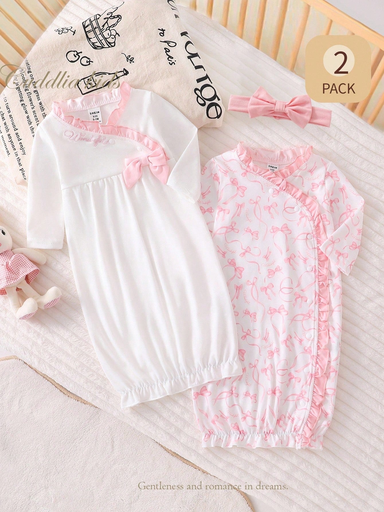 3pcs CuteRuffled Set Newborn Baby Minimalist Elegant Bow Print Long Sleeve Long Nightgown With Headband, Sleepwear Newborn Girl Nightgown Fall Winter