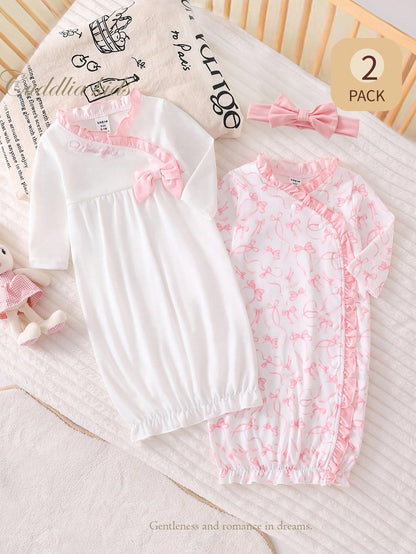 3pcs CuteRuffled Set Newborn Baby Minimalist Elegant Bow Print Long Sleeve Long Nightgown With Headband, Sleepwear Newborn Girl Nightgown Fall Winter