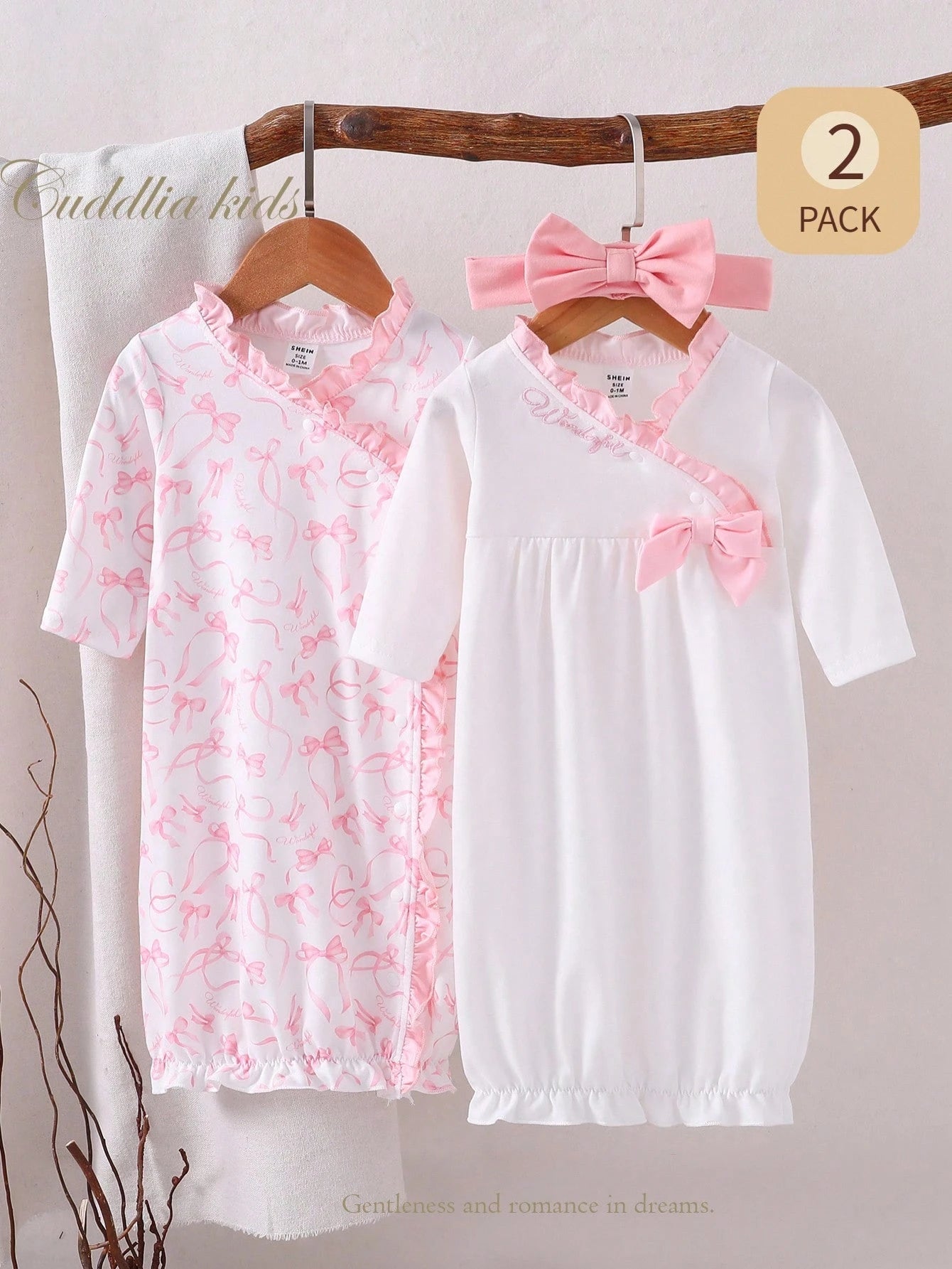 3pcs CuteRuffled Set Newborn Baby Minimalist Elegant Bow Print Long Sleeve Long Nightgown With Headband, Sleepwear Newborn Girl Nightgown Fall Winter